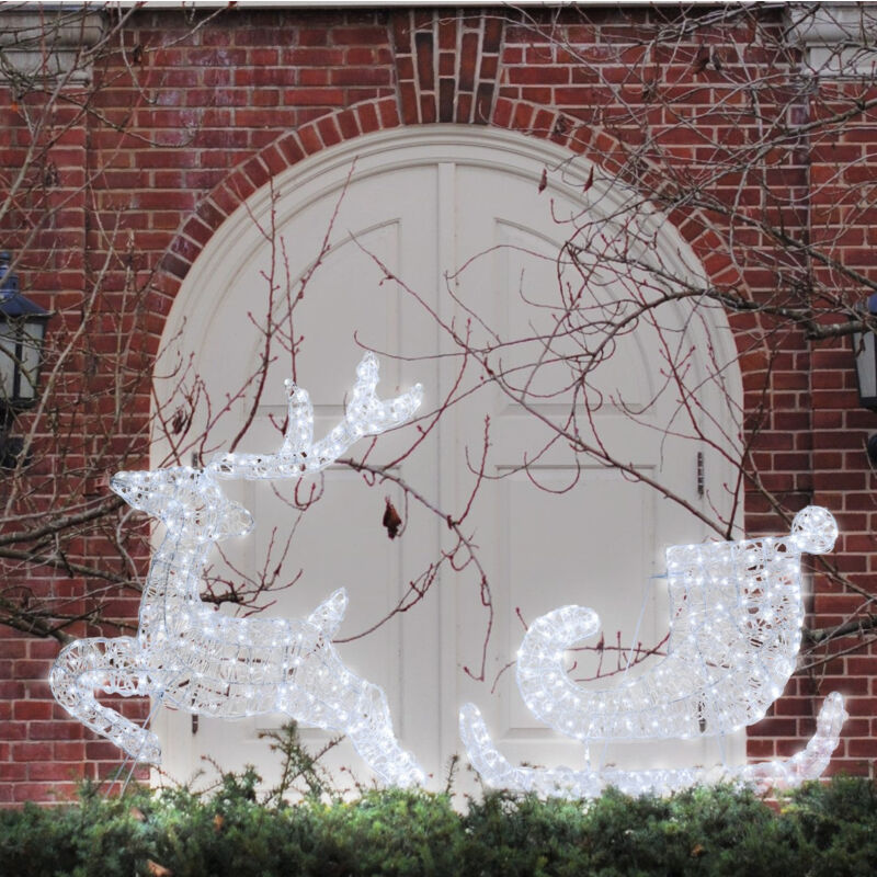foto del prodotto decorazione natalizia renna galoppante con slitta 2d con gocce led bianco da esterno 65 cm