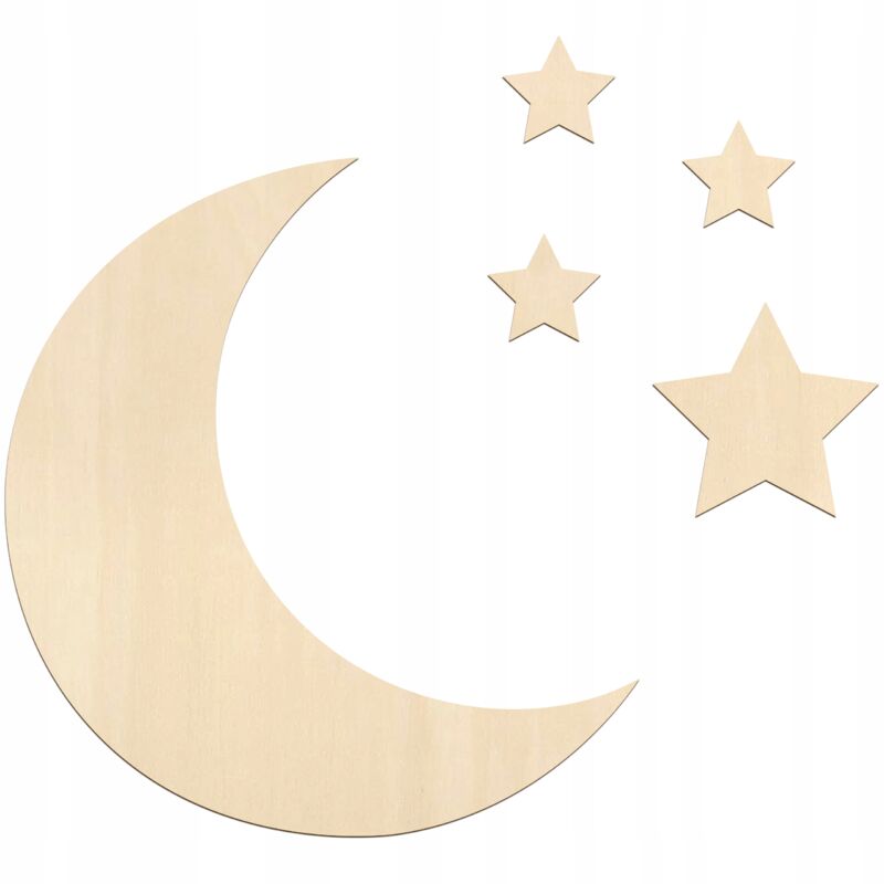 foto del prodotto decorazione per la cameretta dei bambini, base in legno, luna, 4 stelle, set da parete