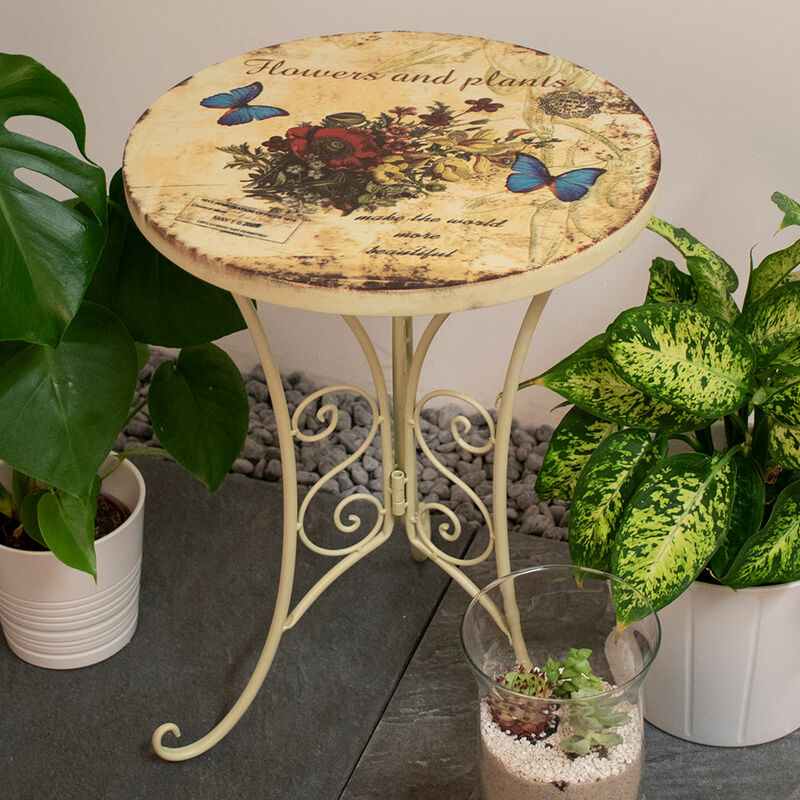 foto del prodotto decorazione tavolo bistrot lato giardino mobili da esterno aspetto shabby fiori farfalla