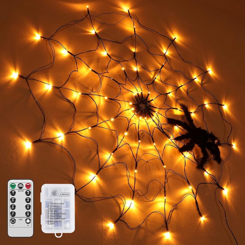 foto del prodotto decorazioni di halloween luce a ragnatela, diametro 1 m, 70 luci led arancioni con ragno nero, telecomando per feste, cortili, bar, casa stregata
