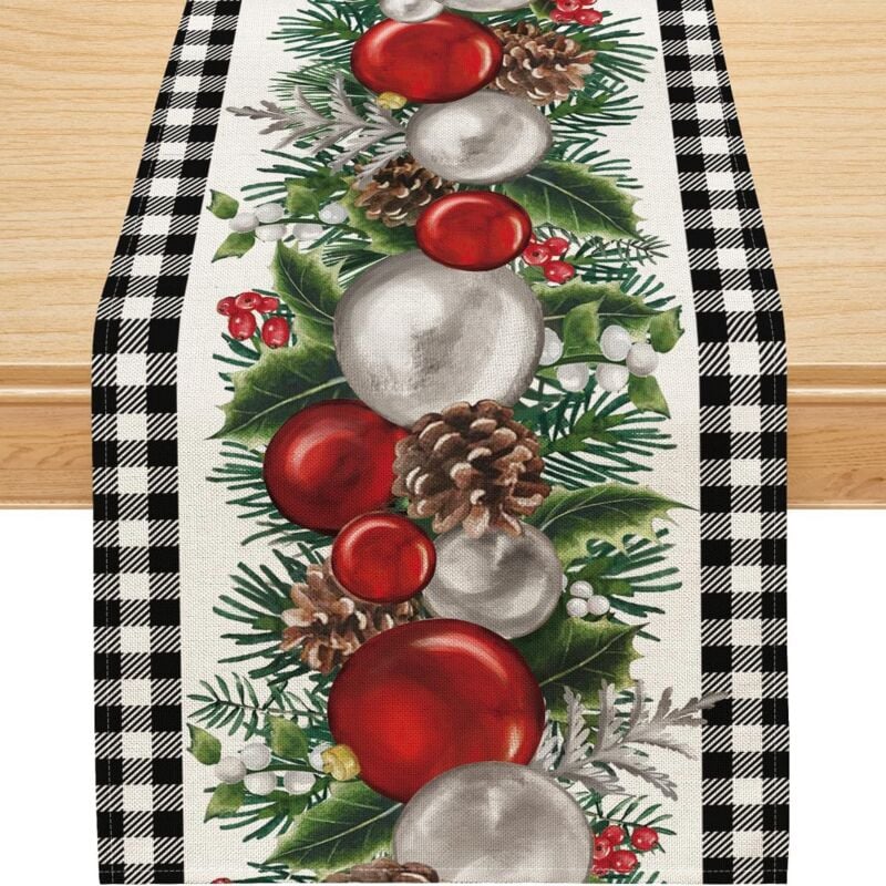 foto del prodotto decorazioni natalizie a forma di palla di natale buffalo plaid, runner da tavola natalizio, decorazioni invernali stagionali per tavoli da pranzo