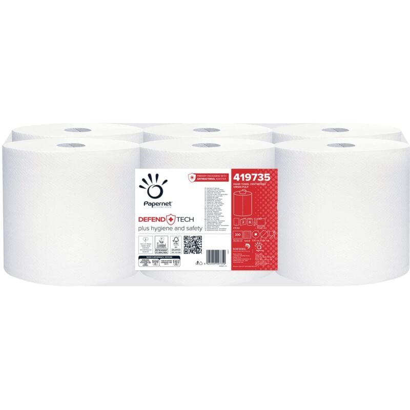 foto del prodotto defend tech asciugamano in rotolo centrefeed 419735, 6 rotoli di carta in pura cellulosa da 115m, con formula antibatterica nell imballaggio, 2