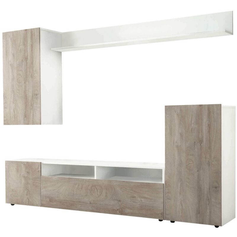 foto del prodotto defibrico parete attrezzata soggiorno mobile porta tv 210x36.5x170 cm di colore bianco e rovere chiaro mod. bridge