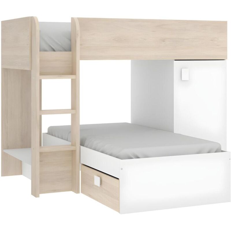 foto del prodotto dekit letto a castello ad angolo reversibile vani portaoggetti integrati 2 x 90 x 190 cm rovere e bianco ricardo