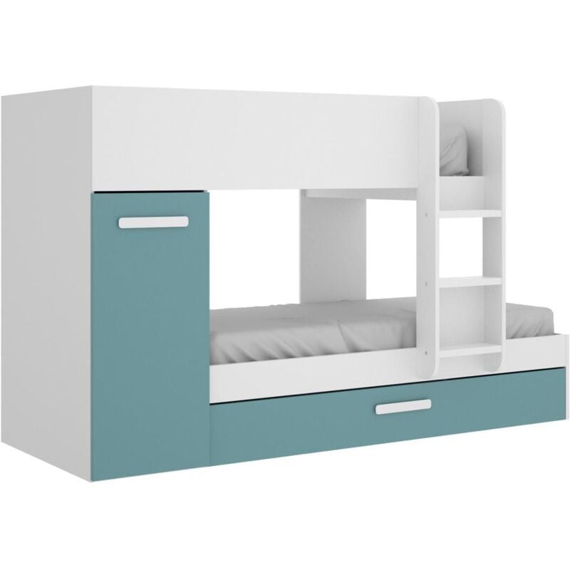 foto del prodotto dekit letto a castello con cassetto letto a scomparsa e contenitori 3 x 90 x 190 cm bianco, naturale e blu anthony