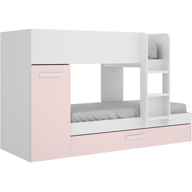 foto del prodotto dekit letto a castello con cassetto letto a scomparsa e contenitori 3 x 90 x 190 cm bianco, naturale e rosa anthony