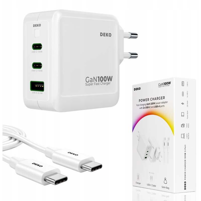foto del prodotto deko caricabatterie usb c veloce universale 3x usb 100w tipo c cavo usb c 100w