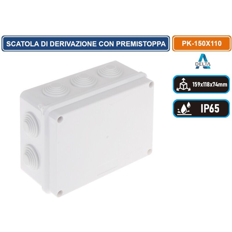 foto del prodotto delta scatola stagna di derivazione con coperchio con viti in metallo quadrata 150x118x74mm con 10 passacavi 23 mm ip65