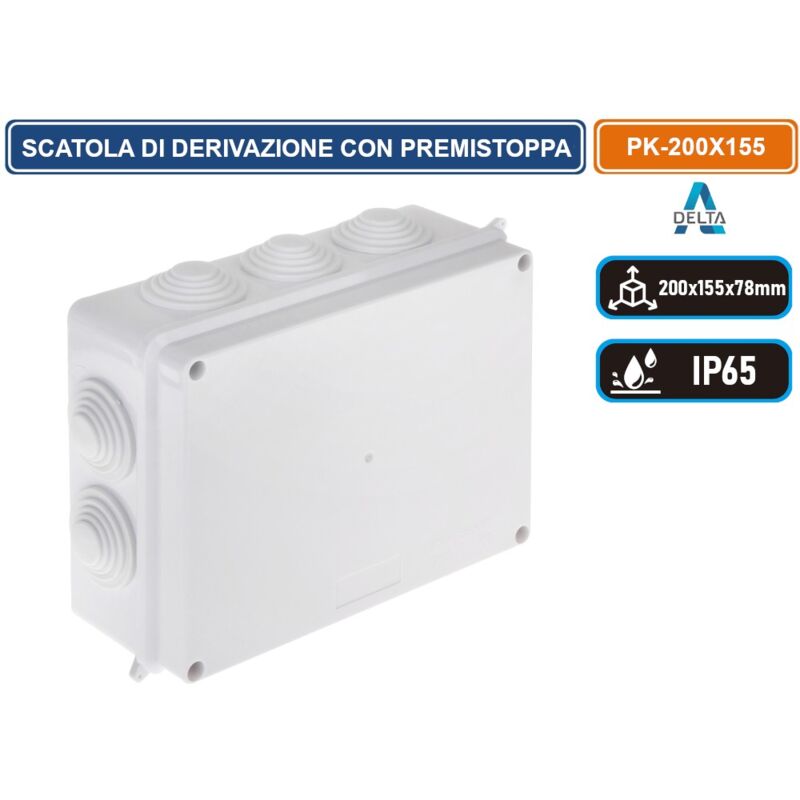 foto del prodotto delta scatola stagna di derivazione con coperchio con viti in metallo quadrata 200x155x78mm con 10 passacavi 32 mm ip65