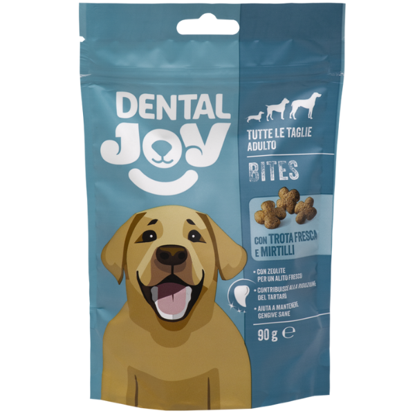 foto del prodotto dentaljoy dog bites adult all breeds snack dentali 90 gr trota e mirtilli 1 ordine scegli lo sconto bzr5 bzr20 200 punti fedelt 