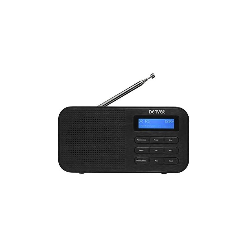 foto del prodotto denver radio digitale dab e fm. dab 42black. orologio, allarme e sveglia. funzionamento a batteria e a corrente. volume 1w. finitura in legno.
