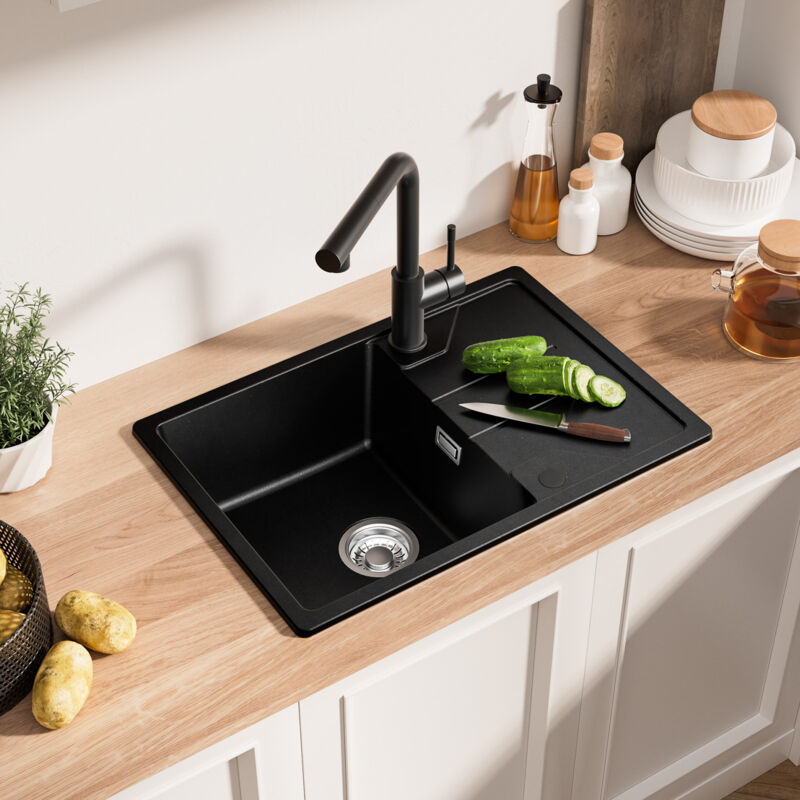 foto del prodotto derw max 65x45cm lavello in quarzo a una vasca lavello da cucina in granito lavello sottotop con scolapiatti nero