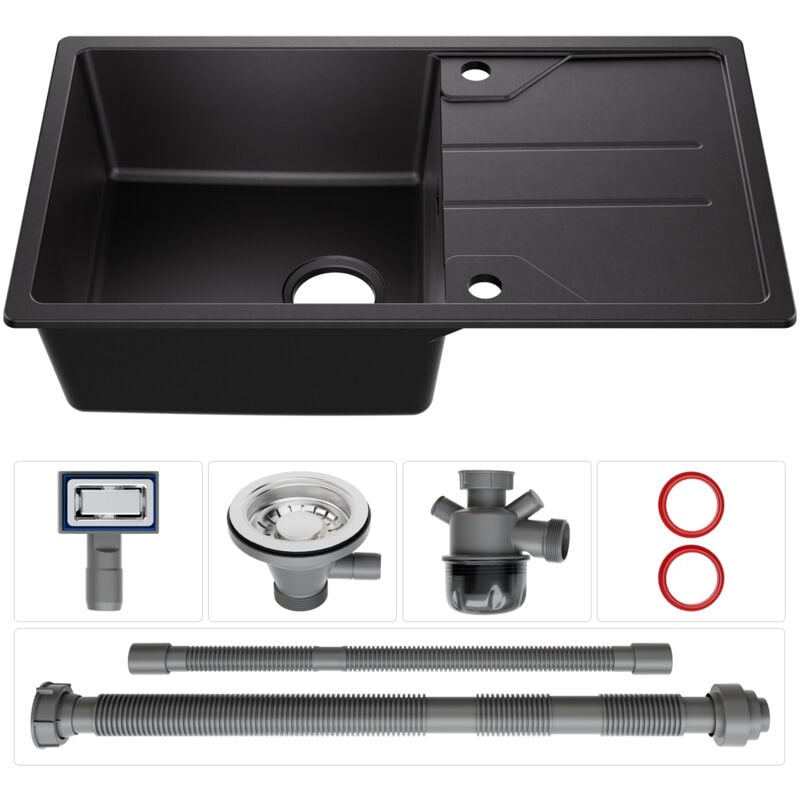 foto del prodotto derw max lavello sottotop in quarzo e resina, lavello nero 1 vasca, lavello cucina con ripiano 78 x 45 cm 