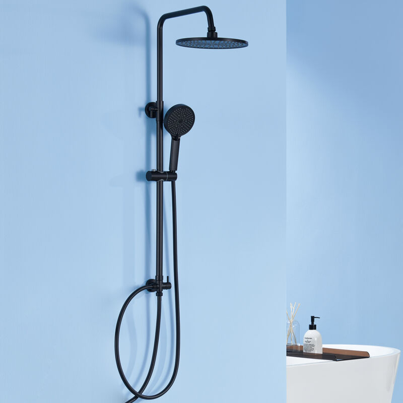 foto del prodotto derw max set doccia nero colonna doccia rotonda senza rubinetto, soffione a pioggia con 4 tipi di getto, doccetta, altezza regolabile da 74 a 112
