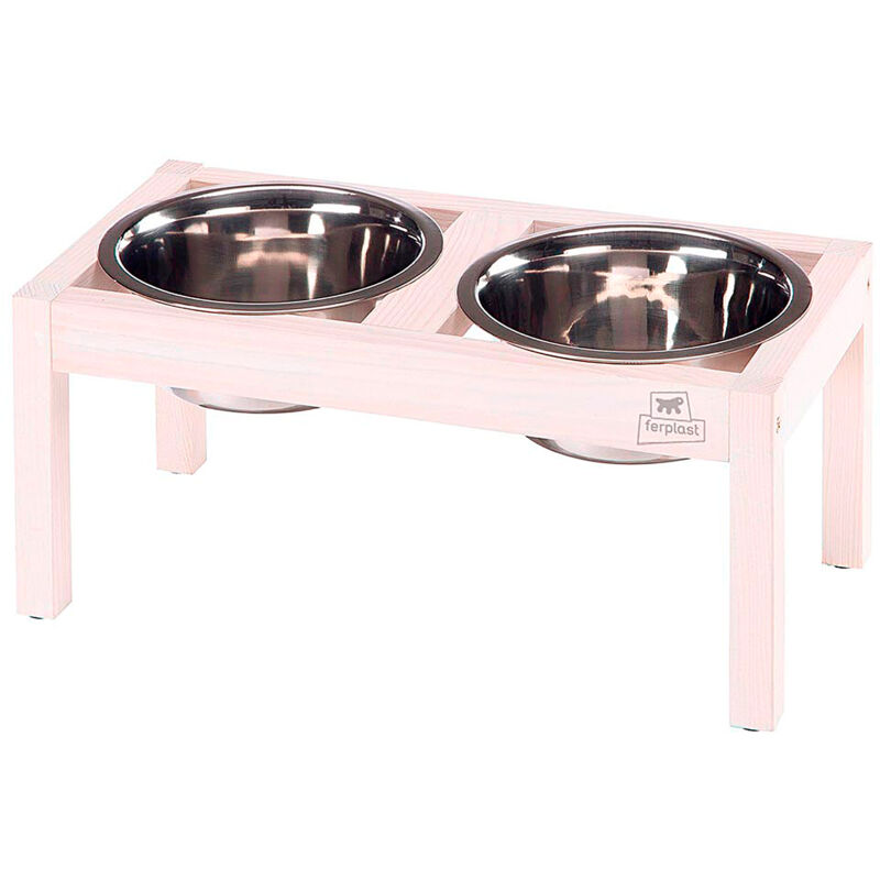 foto del prodotto desco wood portaciotole in legno con ciotole in acciaio inox per cani e gatti. tre misure.. variante 03 misure 36 x 18.2 x h 16 cm 1.7 l