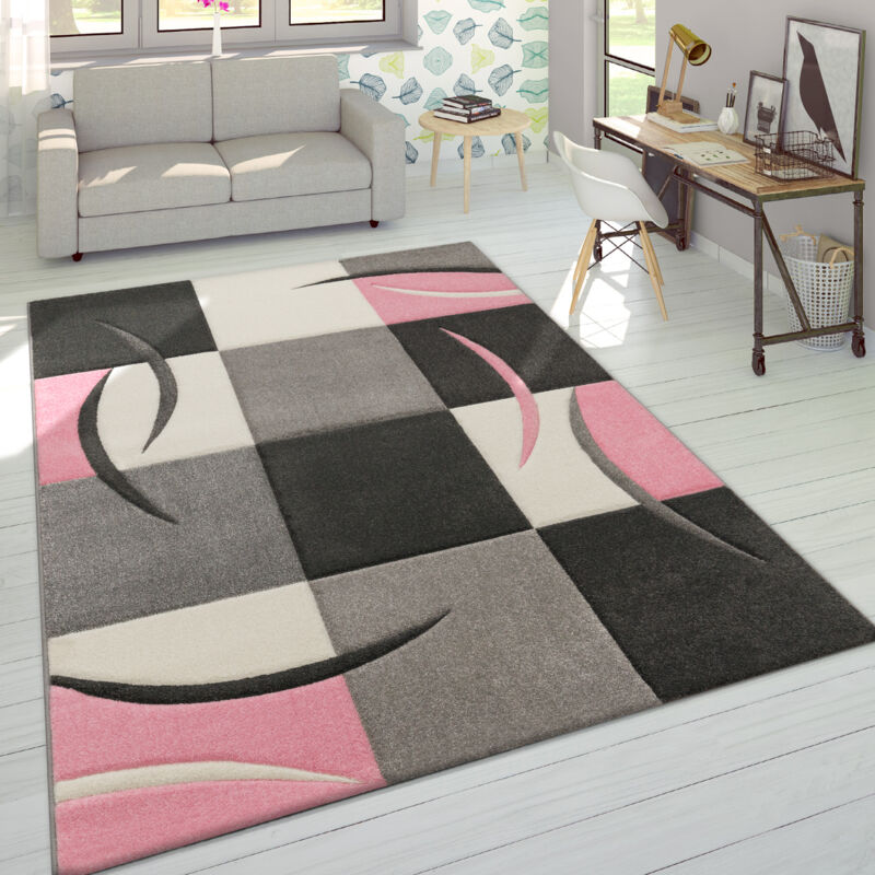 foto del prodotto designer tappeto moderno taglio sagomato colori pastello con motivo a quadri in beige rosa 240x330 cm paco home