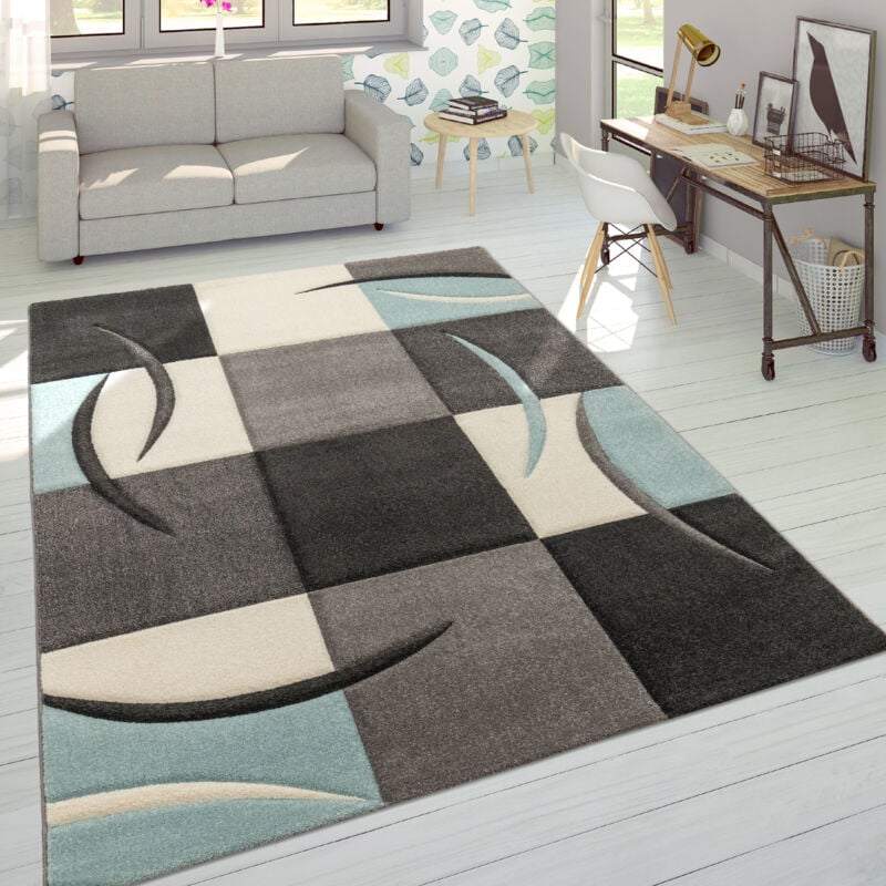 foto del prodotto designer tappeto moderno taglio sagomato colori pastello con motivo a quadri in beige turchese 60x110 cm paco home