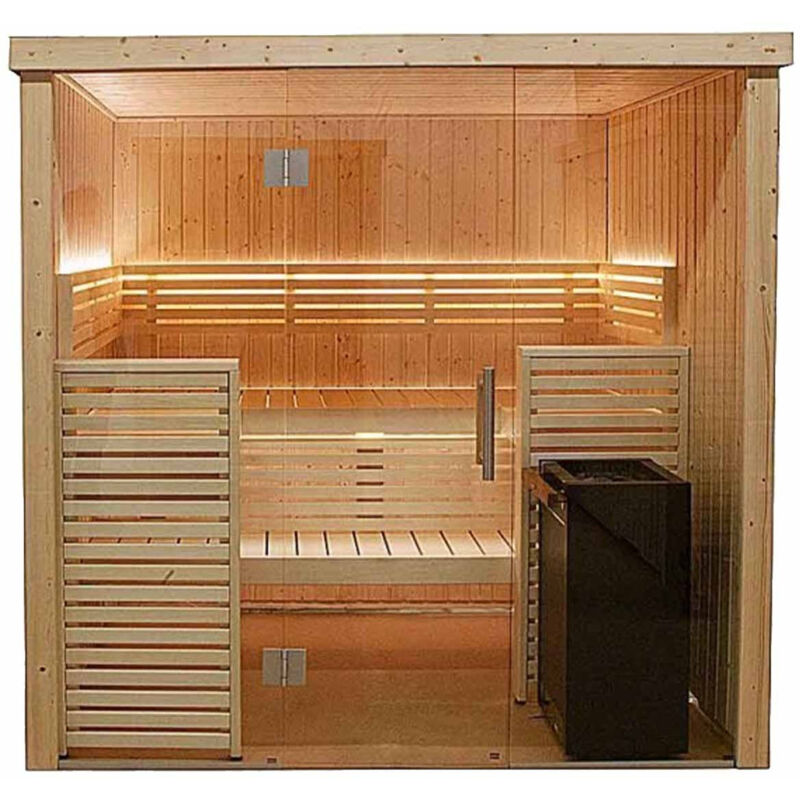 foto del prodotto desineo cabina sauna 206 x 160,8 x 202 cm riscaldamento per sauna per 2 o 3 persone fornito