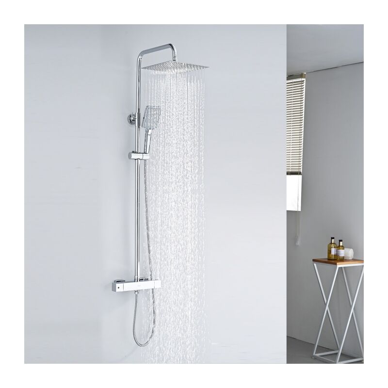 foto del prodotto detbom colonna doccia termostatica sistema doccia cromato elegante set doccia con miscelatore termostatico per bagno soffione doccia a pioggia