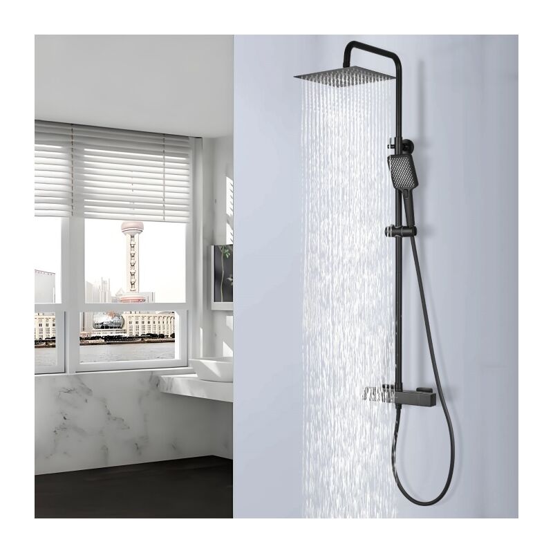 foto del prodotto detbom colonna doccia termostatica sistema doccia nero set doccia regolabile in altezza con miscelatore termostatico per bagno soffione doccia a