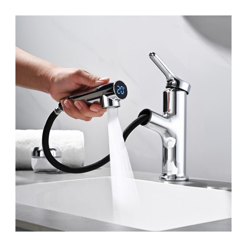foto del prodotto detbom rubinetto per bagno con doccia estraibile 2 getti miscelatore per lavabo con led intelligente rubinetto per lavabo da bagno elegante cromato