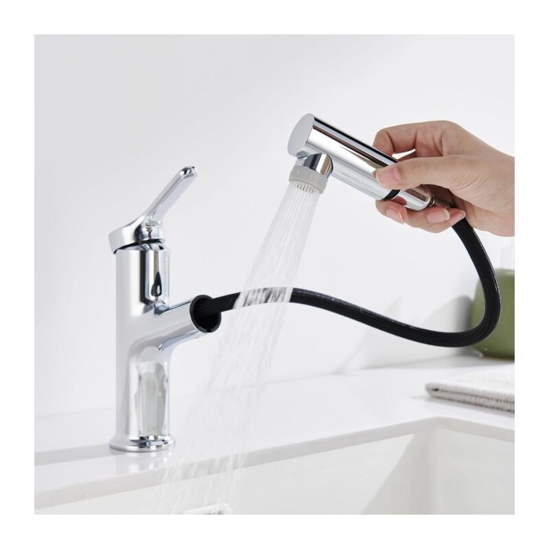 foto del prodotto detbom rubinetto per il bagno con doccia estraibile miscelatore per lavandino con 2 getti miscelatore per il bagno cromato