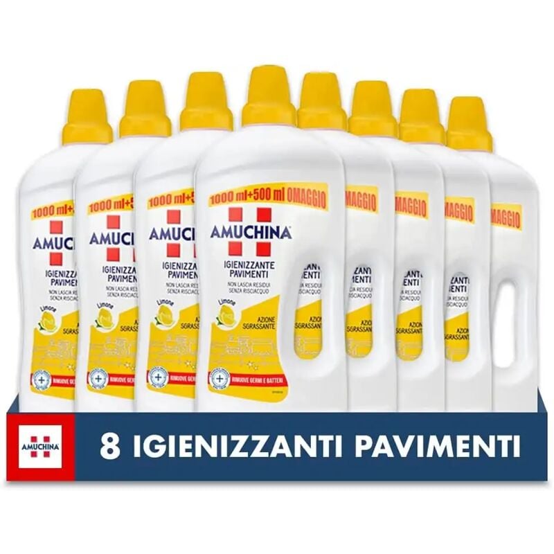 foto del prodotto detersivo pavimenti igienizzante al limone, 8 flaconi da 1.5 lt amuchina