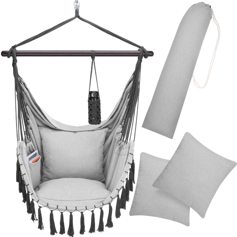 foto del prodotto detex amaca a poltrona max. 150 kg boho style cotone naturale intrecciato macram portabevande 2 cuscini xl altalena da giardino light grey en 