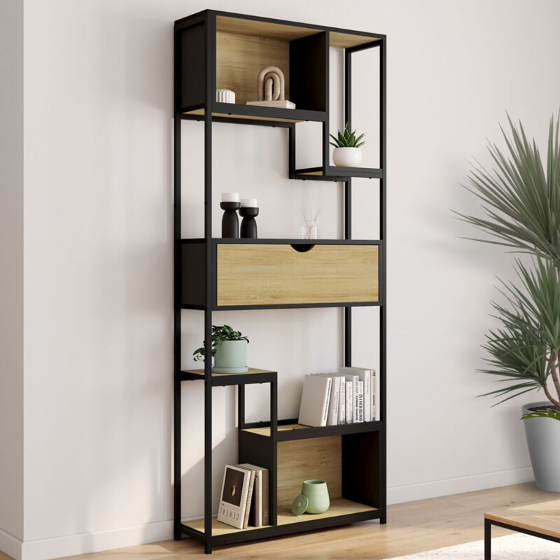 foto del prodotto detroit libreria asimmetrica a 6 livelli con cassetto dal design industriale 161 cm