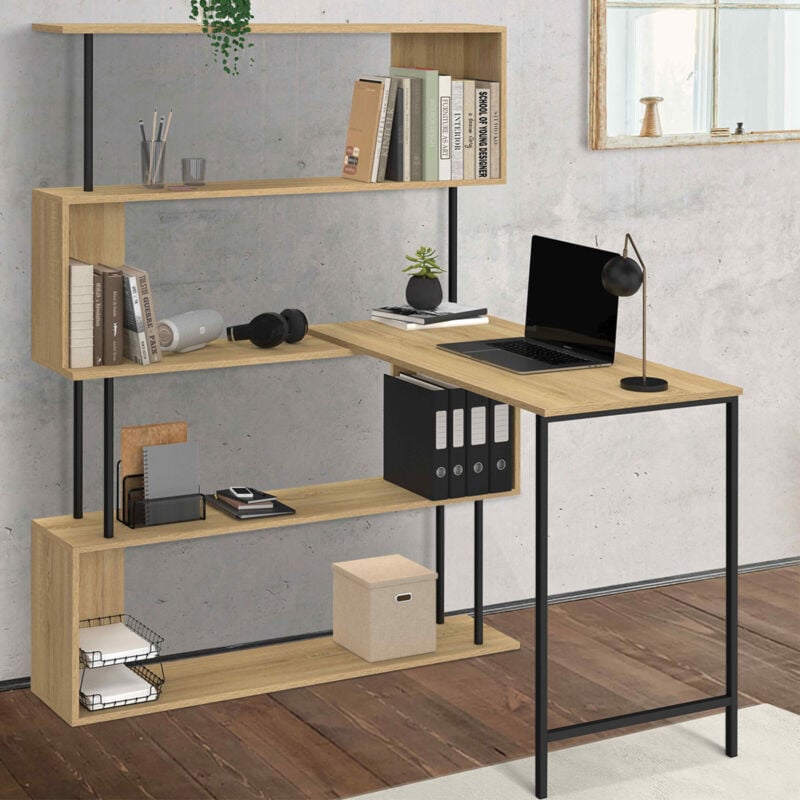 foto del prodotto detroit scrivania angolare con libreria girevole a 180 , forma a s, design industriale