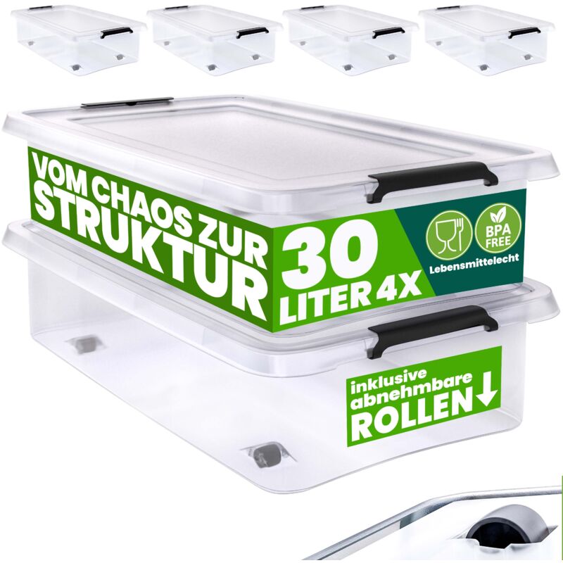 foto del prodotto deuba scatola in plastica contenitore con coperchio impilabile trasparente ruote chiusura a scatto salvaspazio senza bpa 60l 30l 4x 30l de 