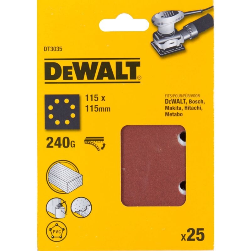 foto del prodotto dewalt carta abrasiva grana 240 1 4 foglio velc confezine da 25 fogli 8 fori paralleli, dt3035 qz