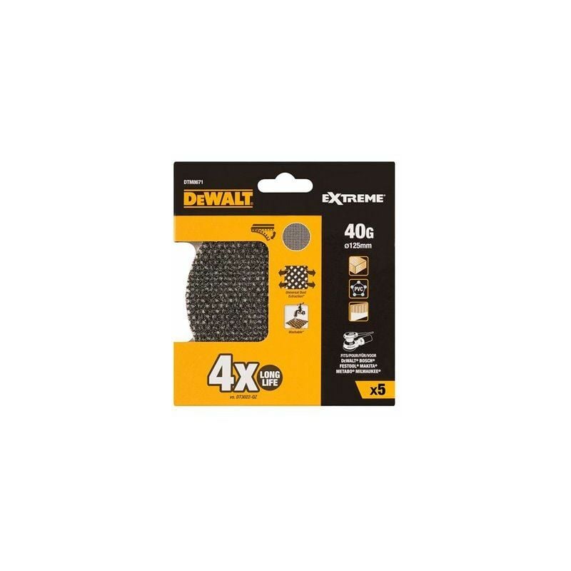 foto del prodotto dewalt confezione da 5 carte abrasive a rete da 125 mm, grana 40, per levigatrici rotoorbitali dtm8671 qz 