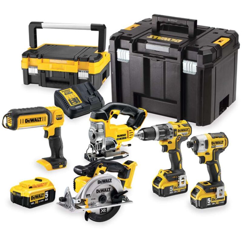foto del prodotto dewalt dck551p3t qw kit de utensili, trapano a percussione, avvitatore a impulsi, sega circolare, seghetto alternativo, torcia, 3 batterie xr 18v
