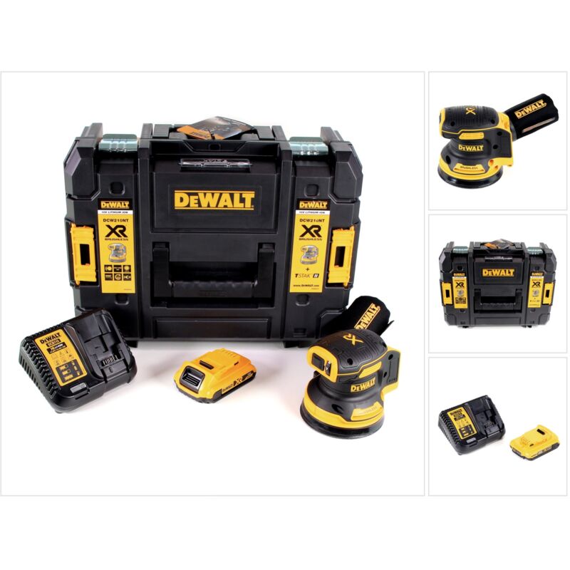 foto del prodotto dewalt dcw 210 d1 levigatrice orbitale a batteria 18v 125mm brushless in valigetta tstak 1x batteria 2,0 ah 1x caricabatterie rapido
