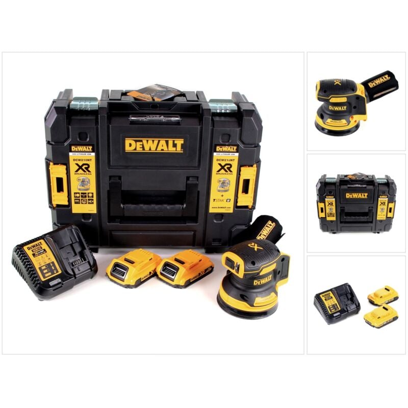 foto del prodotto dewalt dcw 210 d2 levigatrice orbitale a batteria 18v 125mm brushless in valigetta tstak 2x batterie 2,0 ah 1x caricabatterie rapido