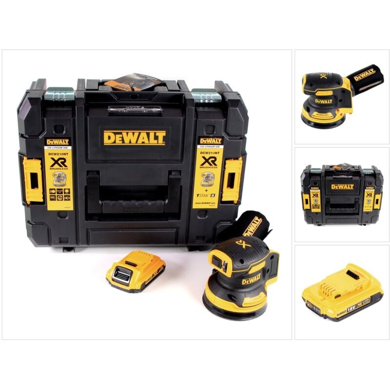 foto del prodotto dewalt dcw 210 nt levigatrice orbitale a batteria 18v 125mm brushless in valigetta tstak 1x batteria 2,0ah senza caricabatterie