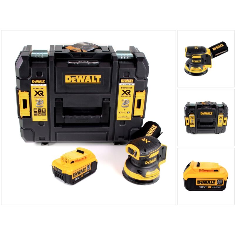 foto del prodotto dewalt dcw 210 nt levigatrice orbitale a batteria 18v 125mm brushless in valigetta tstak 1x batteria 4,0ah senza caricabatterie