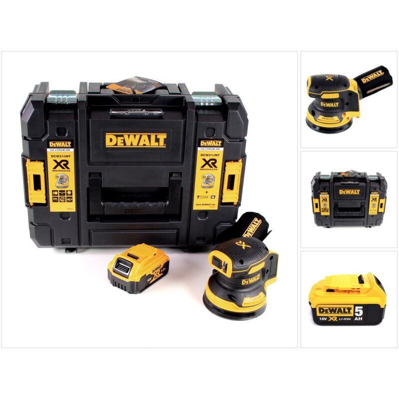 foto del prodotto dewalt dcw 210 nt levigatrice orbitale a batteria 18v 125mm brushless in valigetta tstak 1x batteria 5,0ah senza caricabatterie