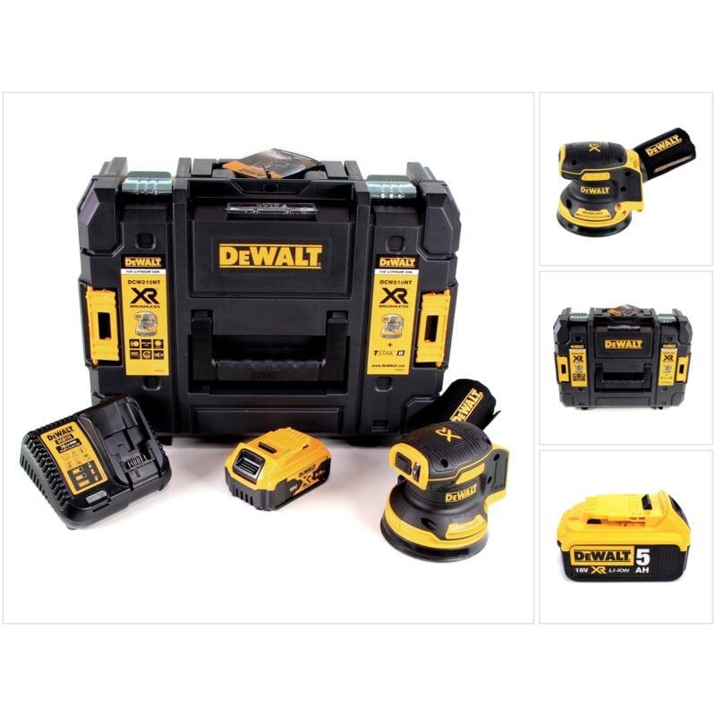 foto del prodotto dewalt dcw 210 p1 levigatrice orbitale a batteria 18v 125mm brushless in valigetta tstak 1x batteria 5,0 ah 1x caricabatterie rapido