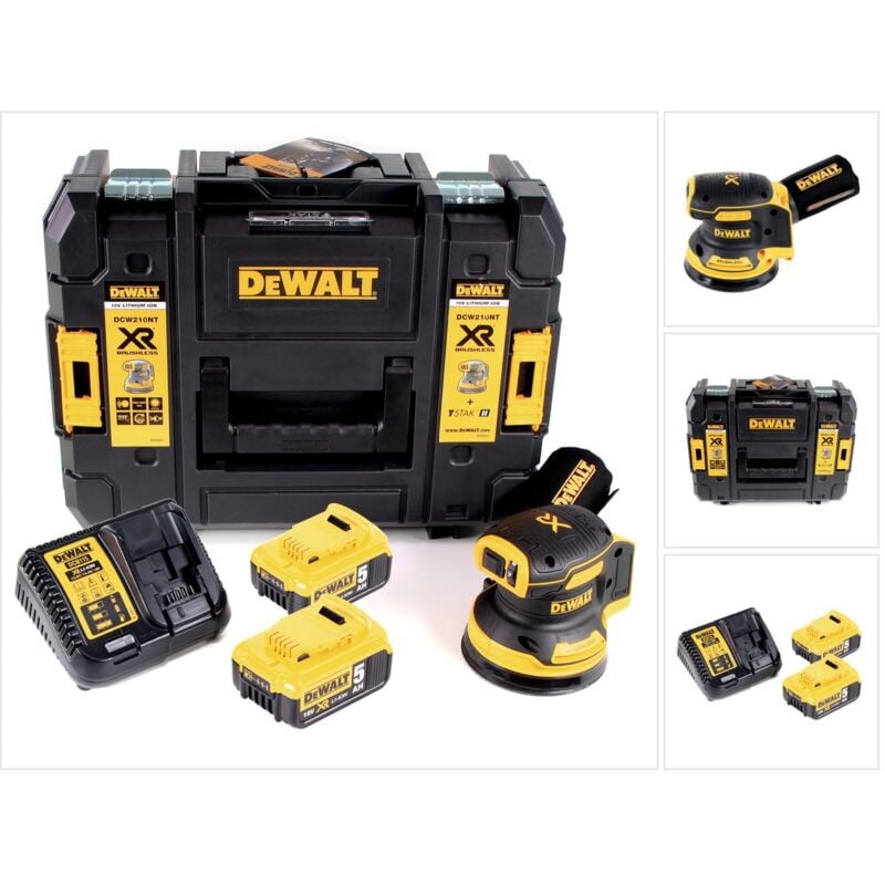 foto del prodotto dewalt dcw 210 p2 levigatrice orbitale a batteria 18v 125mm brushless in valigetta tstak 2x batterie 5,0 ah 1x caricabatterie rapido