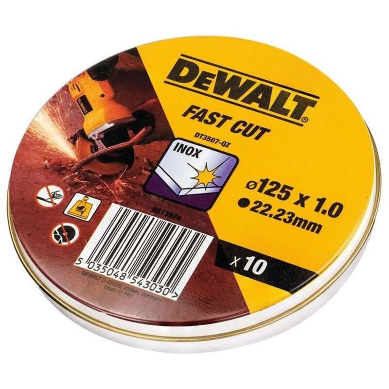 foto del prodotto dewalt dt3507 qz stagno con 10 dischi da taglio ad alte prestazioni per acciaio inox 125 x 1 x 22,23mm