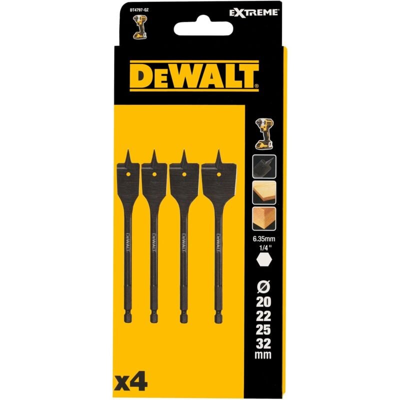 foto del prodotto dewalt dt4797 qz, set de 4 punte da fresa per legno, dimensioni 20 22 25 32 mm, impugnatura de acciaio per una durata ottimale, utilizzo su legno