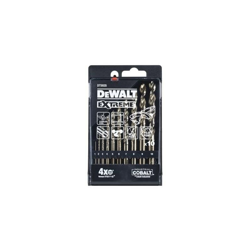 foto del prodotto dewalt dt5935 qz set de punte per trapano de metallo extreme kobalt de 10 pezzi 1 10mm, per acciaio alto legato de e metallo, con impugnatura