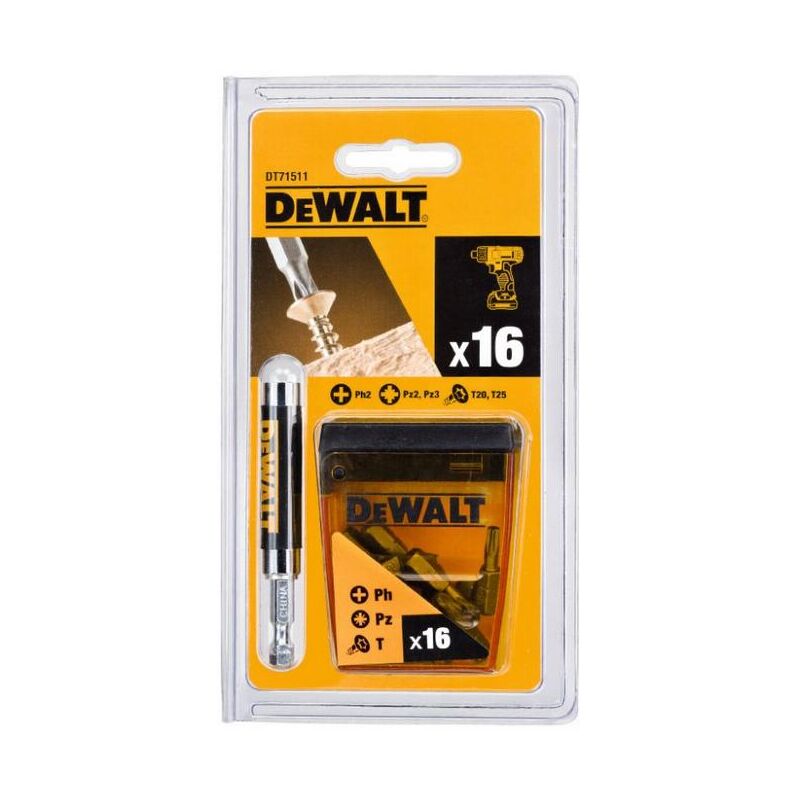 foto del prodotto dewalt dt71511 qz dt71511 qz set de 16 pz. guida telescopica magnetica compatta x1, bits de punte per cacciavite de 25mm ph2, pz2 x6, pz3 x3, t20,
