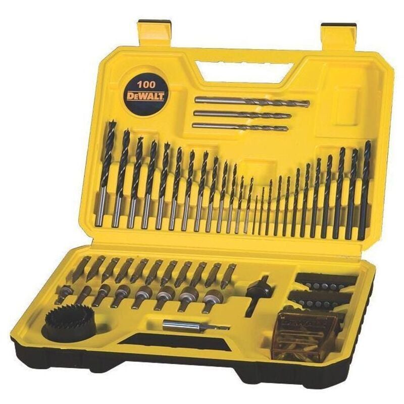 foto del prodotto dewalt dt71563 qz set di 100 pezzi trapano 12xpunte per legno3 8mm, 3x muratura 6 8mm, 12x metallo 1,5 6mm, punte per cacciavite, 1 svasatore, 2x