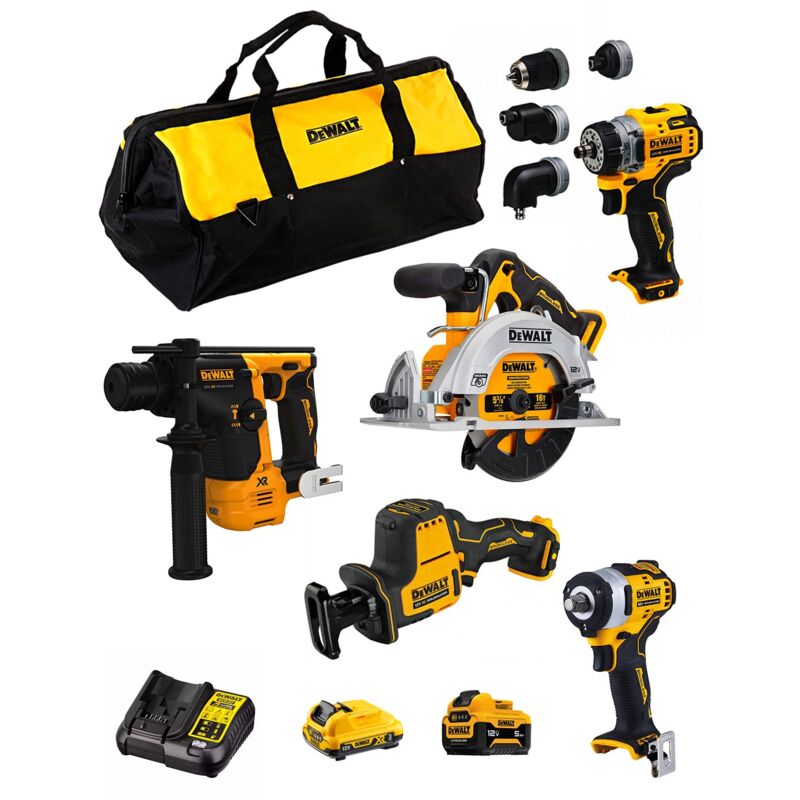 foto del prodotto dewalt kit d12k502 dcs512 dcs312 dcd703 dch072 dcf901 1 x 3,0 ah 1 x 5,0 ah dcb107 borsa 