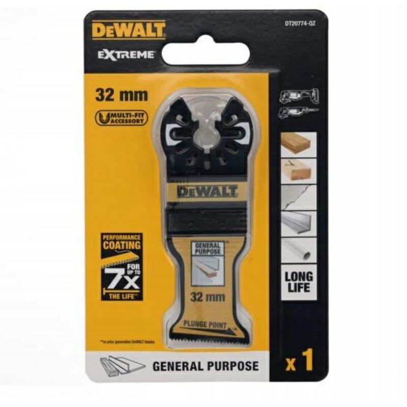foto del prodotto dewalt lama bimetallica, marca modello mt brzeszczot 32 mm, taglio preciso di metallo e legno, alta resistenza, design compatto, lunghezza 32 mm,