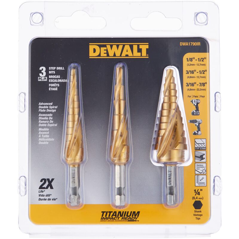foto del prodotto dewalt set di punte per trapano, 3 pezzi, rivestimento in nitruro di titanio, maggiore durata e migliore rimozione dei trucioli dwa1790ir 