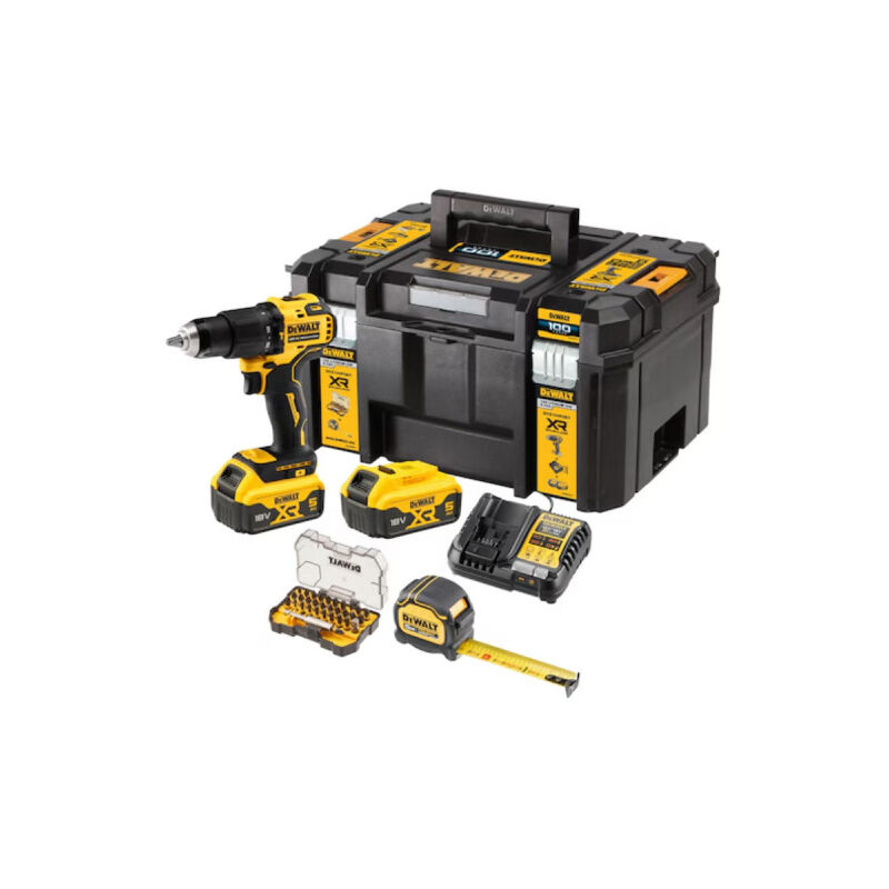foto del prodotto dewalt trapano e avvitatore xr 18v 2 batterie da 5,0ah caricabatterie metro da 5 m valigetta per avvitatori